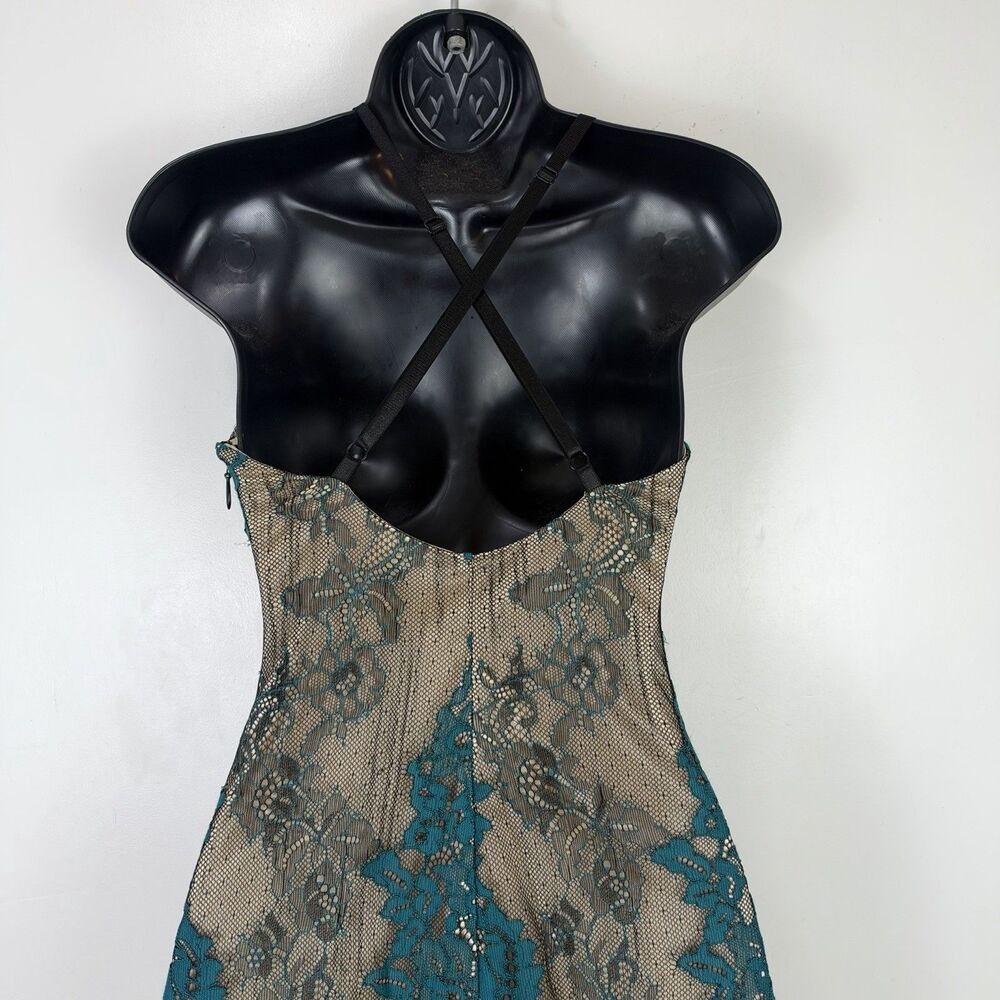 bebe Lace Mini Dress Sz 2 Teal Black Nude Floral Y2K Lingerie Romantic Coquette - Picture 8 of 12